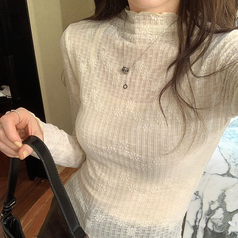 79409 Lace Funse Edge Jacquard เสื้อยืดแขนยาวโปร่งใสเล็กน้อย