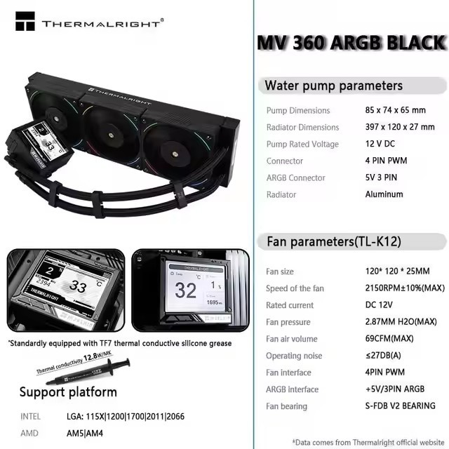 Thermalright ELITE VISION 360 ARGB หม้อน้ําระบายความร้อนด้วยน้ํา All-in-one, หน้าจอจอแสดงผล IPS LCD ขนาด 2.73 นิ้ว/DIY/แม่เหล็ก