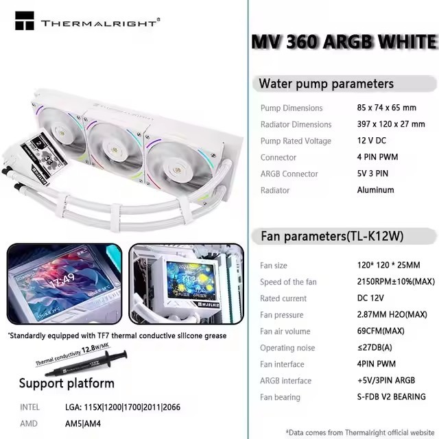 Thermalright ELITE VISION 360 ARGB หม้อน้ําระบายความร้อนด้วยน้ํา All-in-one, หน้าจอจอแสดงผล IPS LCD ขนาด 2.73 นิ้ว/DIY/แม่เหล็ก
