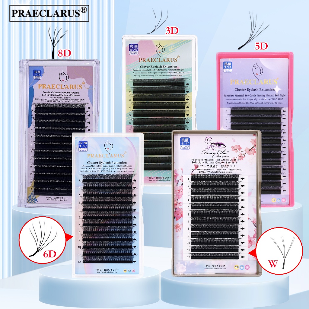 PRAECLARUS 3D / 4D / 5D / 6D / 8D W รูปร่างขนตาหนา 0.07 มม. Curl D วัสดุที่มีคุณภาพสูง Mink ถักด้วยมือ Natural Soft W รูปร่างต่อขนตาปลอม