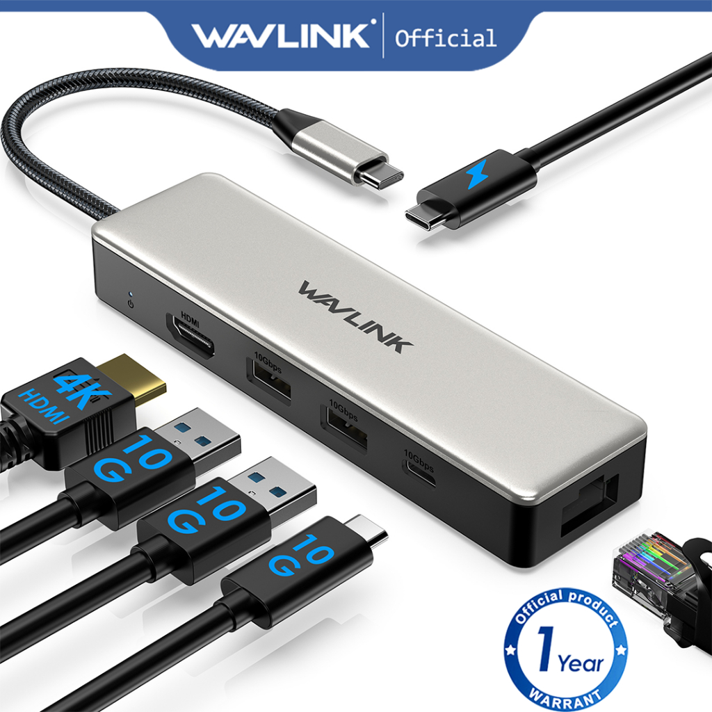 Wavlink 6-IN-1 USB C Dock USB C ถึง HDMI Docking Station 10Gbps USB3.1 4K HDMI 100W PD IN 2.5G RJ45 
