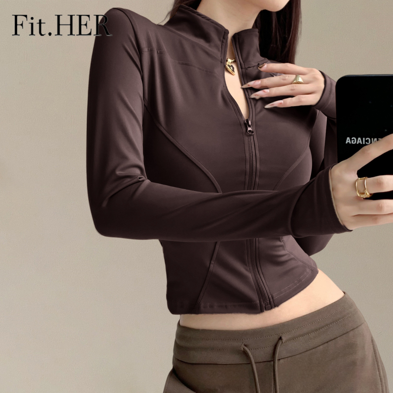 ความยืดหยุ่นสูงแห้งเร็วฤดูใบไม้ผลิเสื้อกีฬายืนขึ้นปก บางบางโยคะท็อปส์เสื้อผ้าออกกําลังกายแจ็คเก็ต