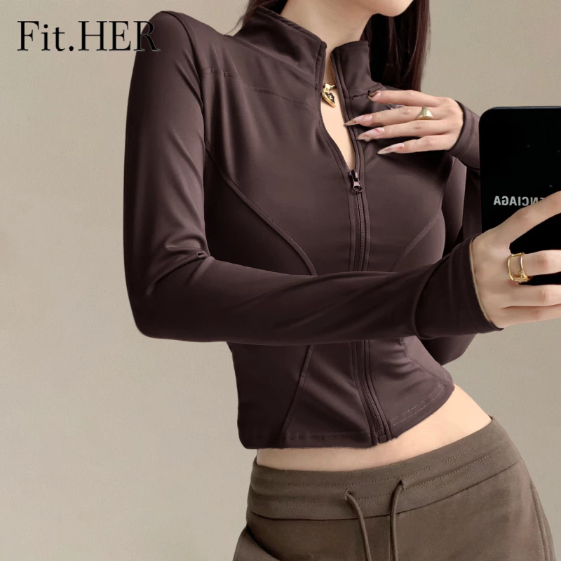 【Fit.HER】ความยืดหยุ่นสูงแห้งเร็วฤดูใบไม้ผลิเสื้อกีฬายืนขึ้นปก บางบางโยคะท็อปส์เสื้อผ้าออกกําลังกายแจ็คเก็ต
