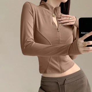 【Fit.HER】ความยืดหยุ่นสูงแห้งเร็วฤดูใบไม้ผลิเสื้อกีฬายืนขึ้นปก บางบางโยคะท็อปส์เสื้อผ้าออกกําลังกายแจ็คเก็ต