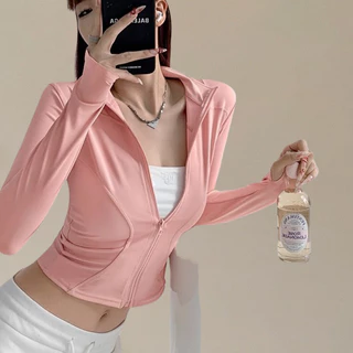 【Fit.HER】ความยืดหยุ่นสูงแห้งเร็วฤดูใบไม้ผลิเสื้อกีฬายืนขึ้นปก บางบางโยคะท็อปส์เสื้อผ้าออกกําลังกายแจ็คเก็ต