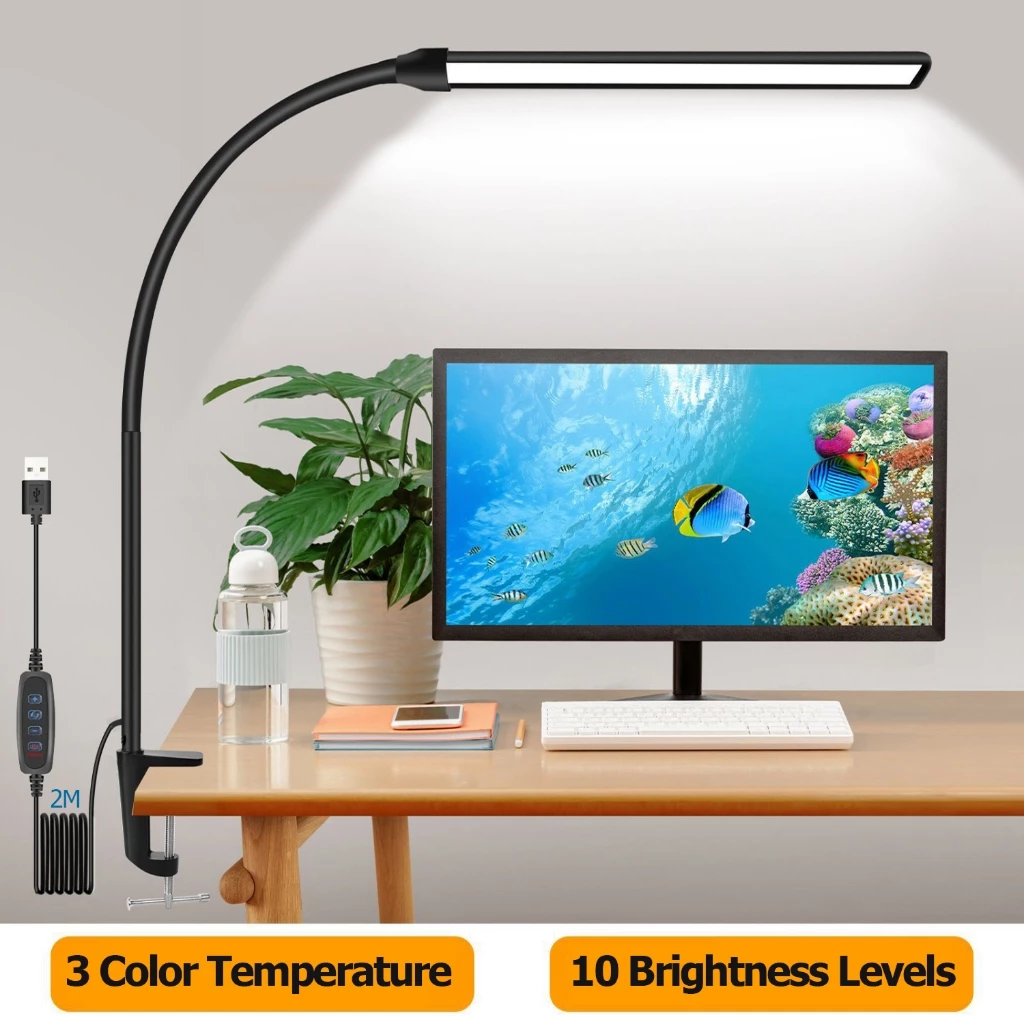 Powdeom 3 สี 10 ความสว่างโคมไฟตั้งโต๊ะป้องกันดวงตา Led พิเศษโคมไฟอ่านหนังสือข้างเตียง Clip-On โคมไฟตั้งโต๊ะ Lampu Meja