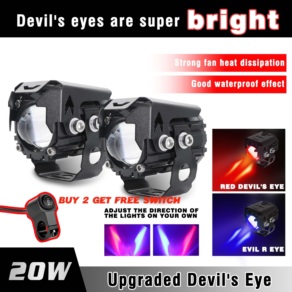 ใหม่ Demon Eye สปอตไลท์รถจักรยานยนต์เลนส์สีเหลืองและสีขาว High และ Low Beam สีแดงและสีน้ําเงินกระพริบ Super Bright Spotlight Led ไฟหน้า