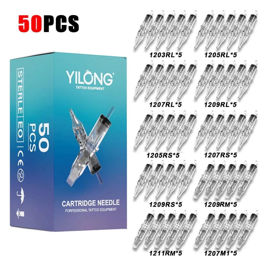 YILONG Professional Tattoo Needle Combo - ตลับหมึกแบบใช้แล้วทิ้ง 20/50 ชิ้นสําหรับผู้เริ่มต้น (RL/RS/M1) การกักขังที่ปราศจากเชื้อและผสม