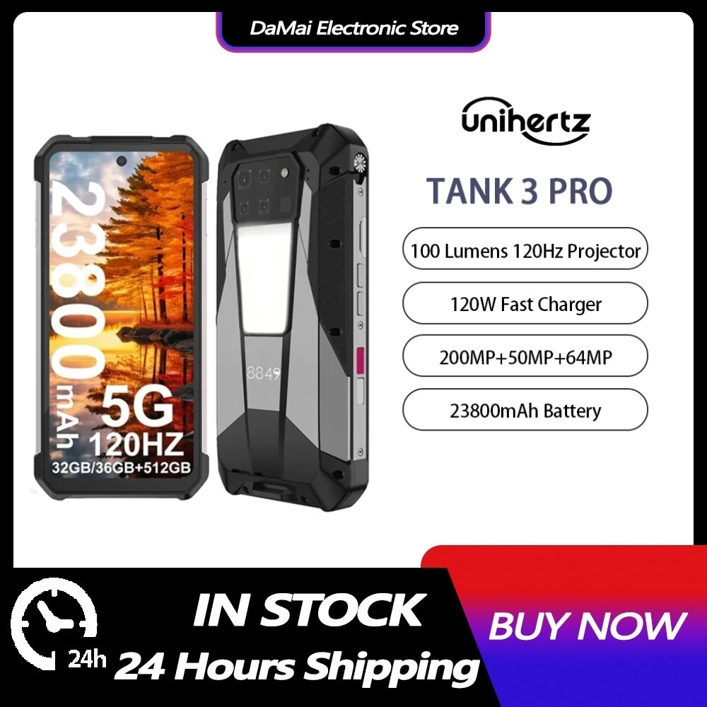 Unihertz Tank 3 Pro สมาร์ทโฟนที่ทนทาน Android 23800mAh 100 Lumens 512GB ROM Octa Core 200MP 120W Fas