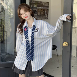 Floerns เสื้อเชิ้ตลายทาง คอวี เรียบๆ น่ารัก เสื้อเชิ้ตแขนยาวผู้หญิงสไตล์เกาหลีทรงหลวมด้านบน
