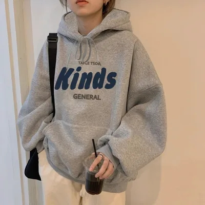 NZN สไตล์เกาหลีกํามะหยี่เบาะหลวมพิมพ์ตัวอักษรแขนยาวเสื้อกันหนาวมีฮู้ดผู้หญิง