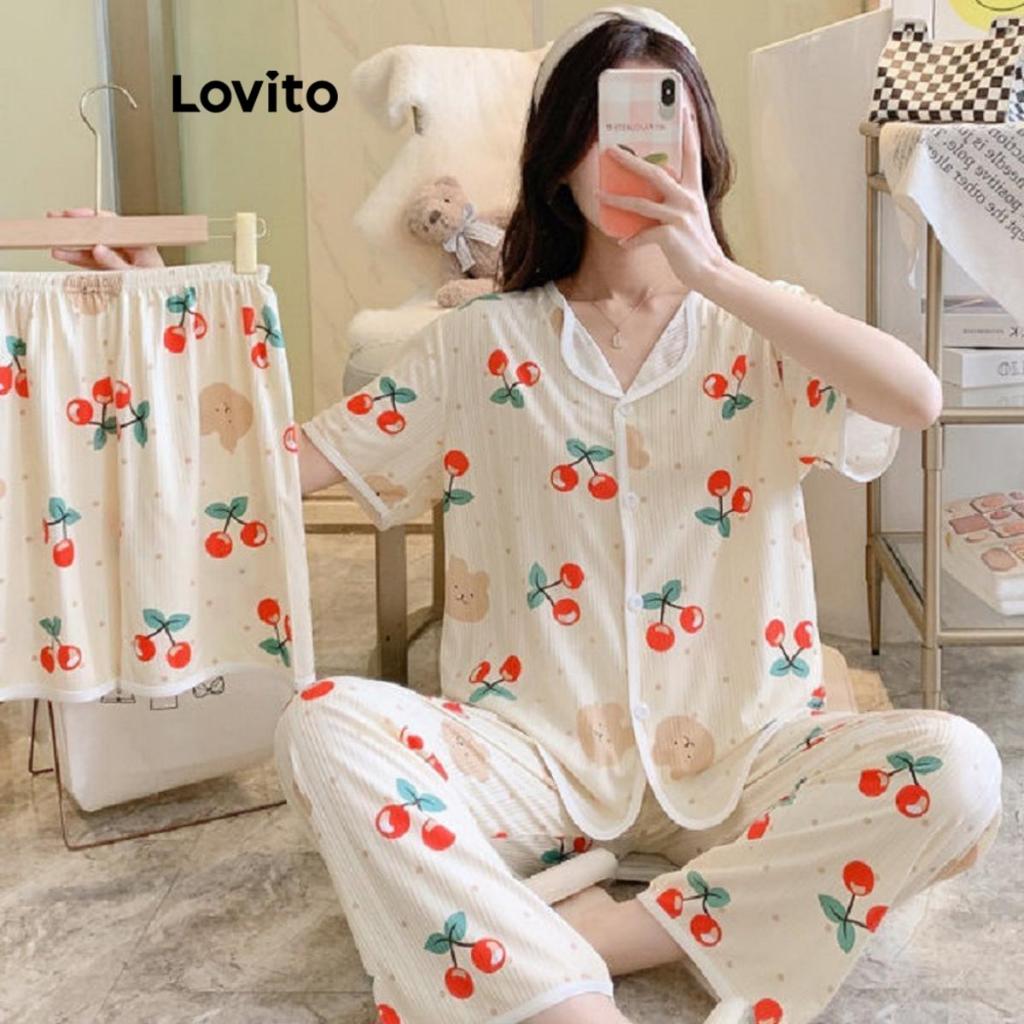 Lovito ชุดนอนลําลอง ลายผัก ผลไม้ สําหรับผู้หญิง LNA56295
