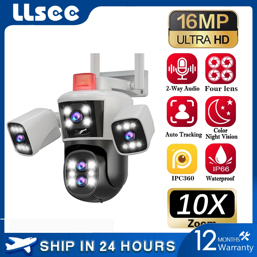LLSEE 8K สี่เลนส์ 16 ล้านพิกเซลกล้องวงจรปิดกันน้ำกลางแจ้ง WIFI ไร้สาย PTZ การเคลื่อนไหวติดตามคืนวิสัยทัศน์ปลุก 360 กล้อง IP