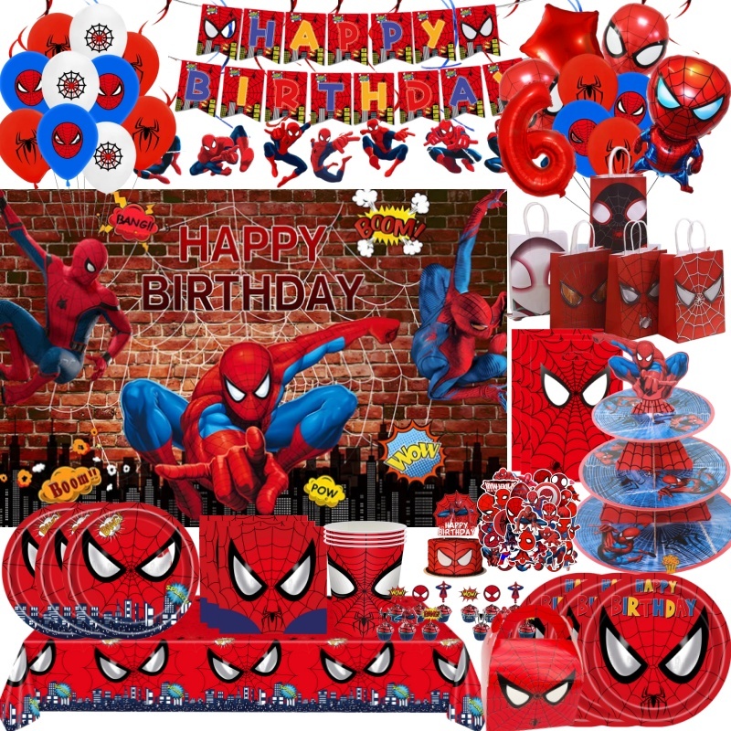 Spiderman Birthday Party ตกแต่ง Superhero Disposable Tableware ถ้วยผ้าปูโต๊ะฉากหลังสําหรับเด็ก Baby Shower