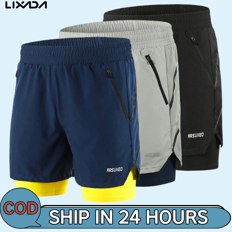 LIXADA [ลิซาดะ ห้างสรรพสินค้า] ผู้ชาย 2 ใน 1 กางเกงวิ่งขาสั้นแห้งเร็วระบายอากาศการฝึกอบรมการออกกําลังกายจ๊อกกิ้งกางเกงขาสั้นมาราธอน