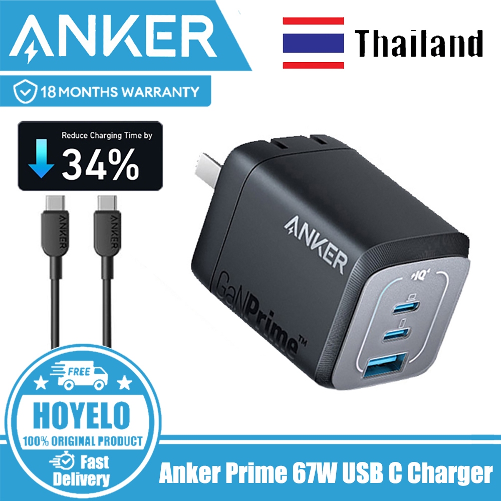 Anker Prime 67W USB C ที่ชาร์จ Anker GaN Wall Charger, 3-Port Compact Fast Charger
