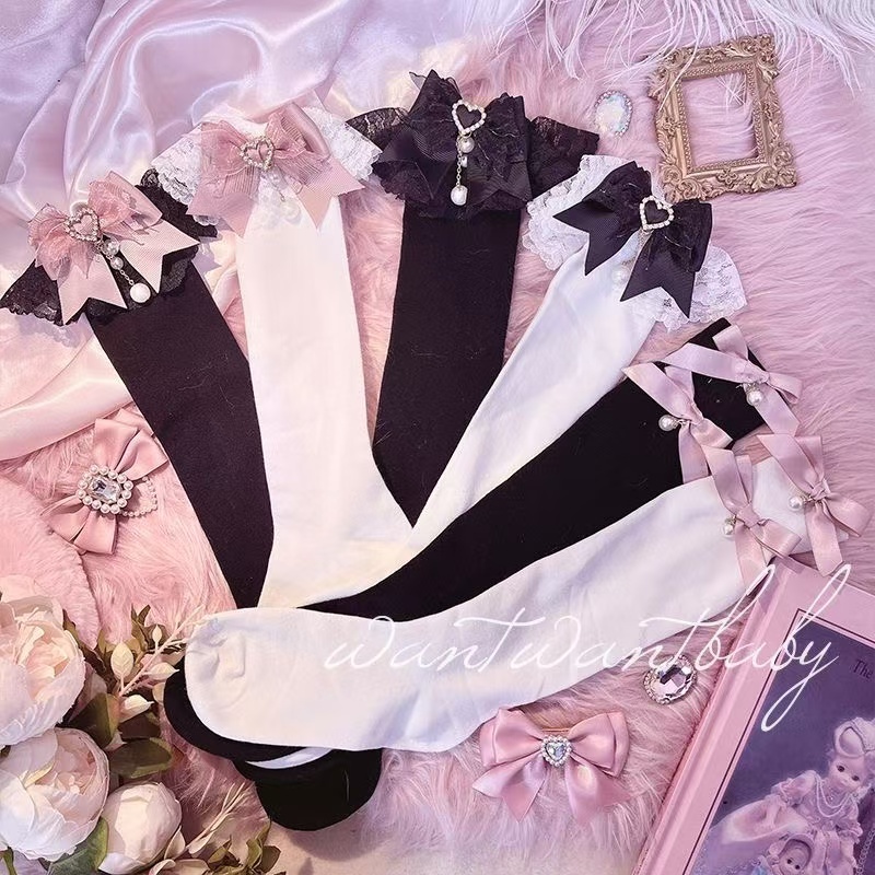 ญี่ปุ่น Handmade Landmine Lolita Girl Love Bow Lace สั้นกลางขาลูกวัวเหนือเข่าถุงเท้า Jirai Kei
