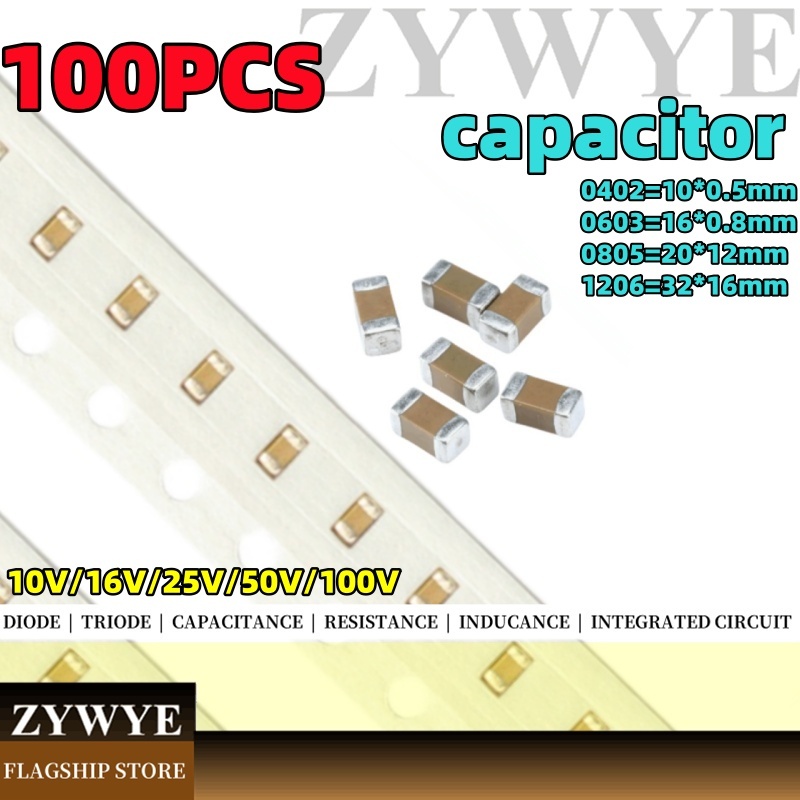 100pcs ตัวเก็บประจุ 0402 0603 0805 1206 ชิปตัวเก็บประจุ 12PF 15P 30PF 150PF 200PF-330PF 1NF 10NF 100NF 10UF 101 102 103 104 105 106