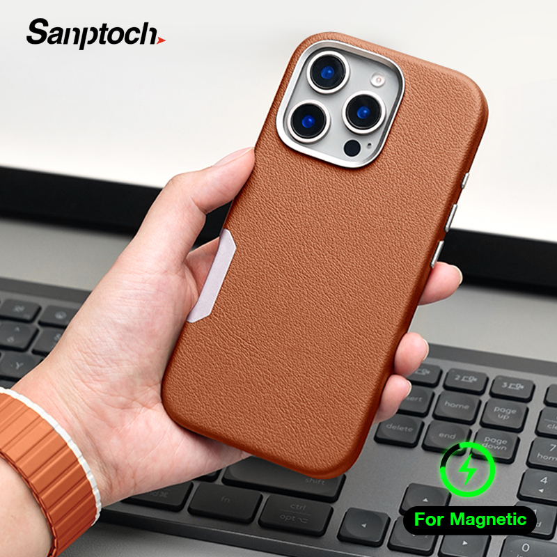 Sanptoch สําหรับเคสโทรศัพท์หนังแม่เหล็กสําหรับ iPhone 16 Pro Max หรูหรา Skin-Friend สําหรับ iPhone 16 Plus กันกระแทกปลอกแข็งพร้อมรูปุ่มกล้องโลหะผสมโลหะ