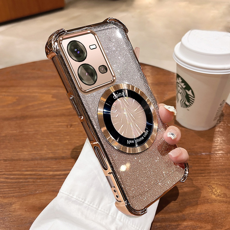 New สีcase สําหรับ vivo V25 5G V25E 5G ประกายสีชมพูสี่มุม Anti Drop เคสโทรศัพท์ความงามแหวนแม่เหล็กออกแบบซิลิโคน TPU Soft case