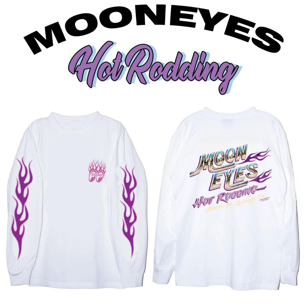 Mooneyes สีดําสีขาวสีม่วงเปลวไฟแขนยาว All-Match รถจักรยานยนต์ Unisex Retro Ami สีกากีสเก็ตบอร์ดหลวม