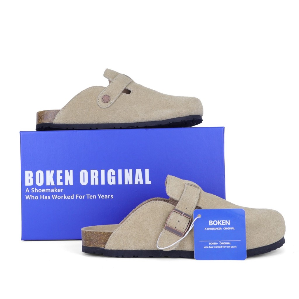 Boken รองเท้าแตะรองเท้าแตะผู้ชายชายหาดกลางแจ้งแบนคลาสสิก Casual Soft Cork Clogs Baotou สีกากี