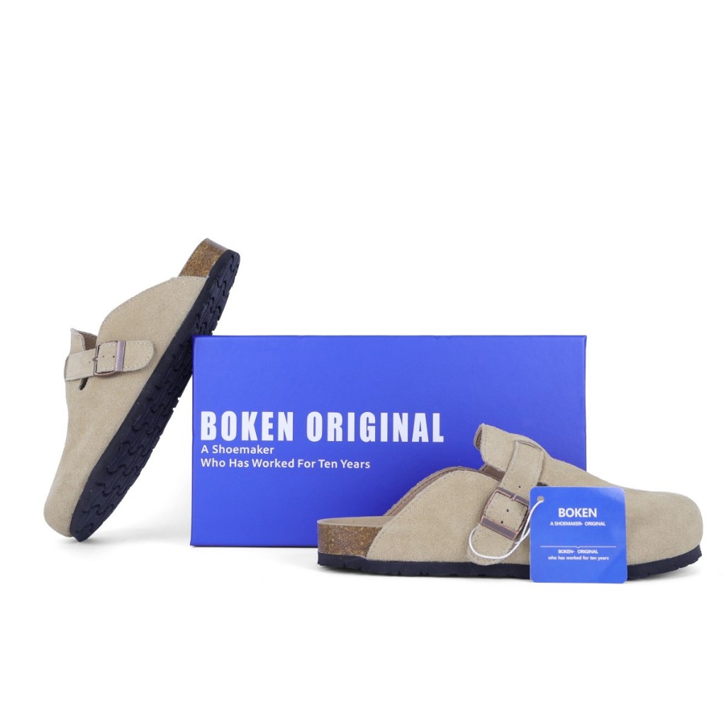 Boken รองเท้าแตะรองเท้าแตะผู้ชายชายหาดกลางแจ้งแบนคลาสสิก Casual Soft Cork Clogs Baotou สีกากี