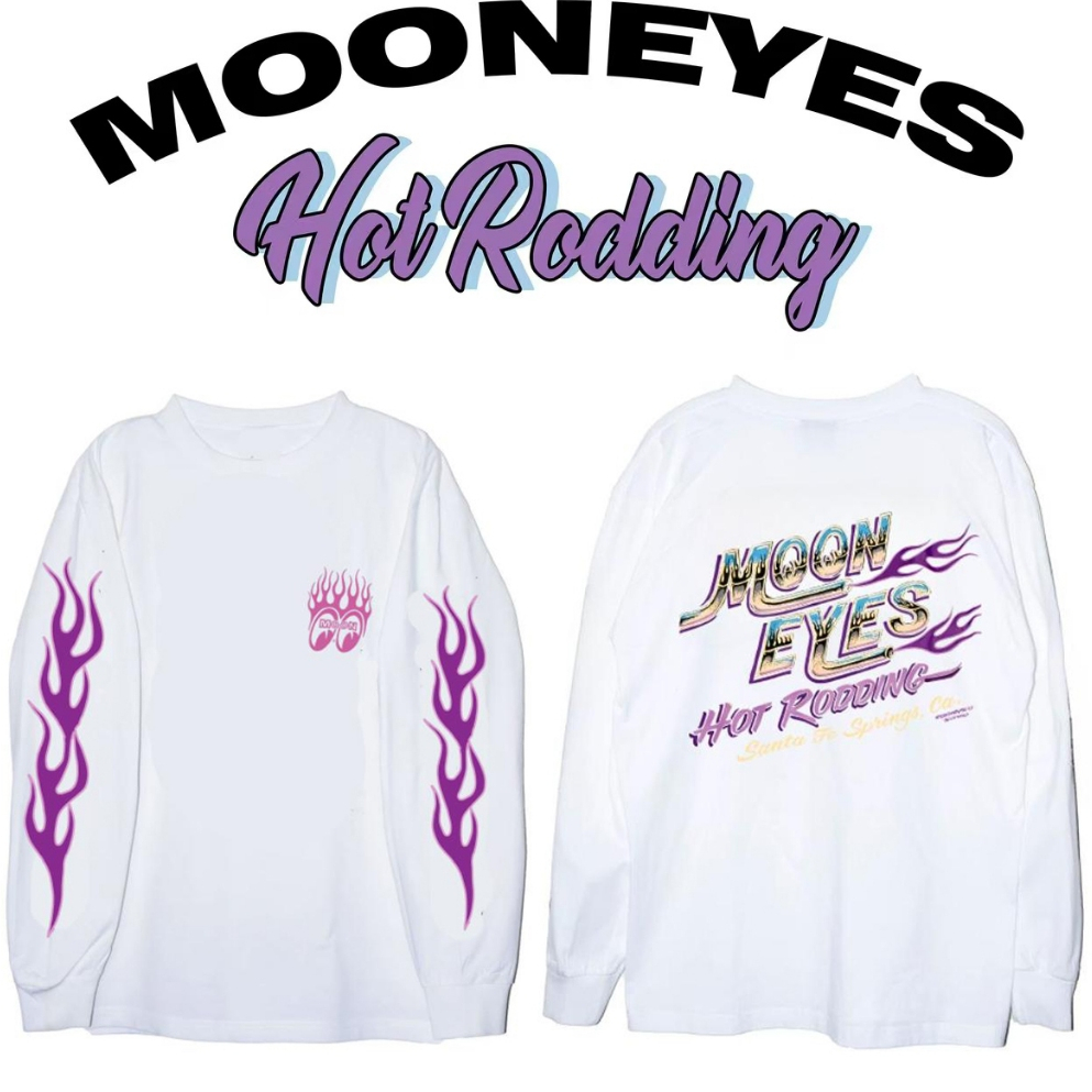 ผ้าฝ้ายแท้พร้อมสต็อก Mooneyes สีดําสีม่วงเปลวไฟแขนยาว All-Match Unisex รถจักรยานยนต์ Retro สเก็ตบอร์ดหลวม