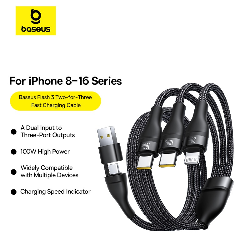 Baseus 3 in 2 Fast Charging PD 100W สาย U + C ถึง C + C + L สําหรับ iPhone 16 15 สําหรับ Xiaomi