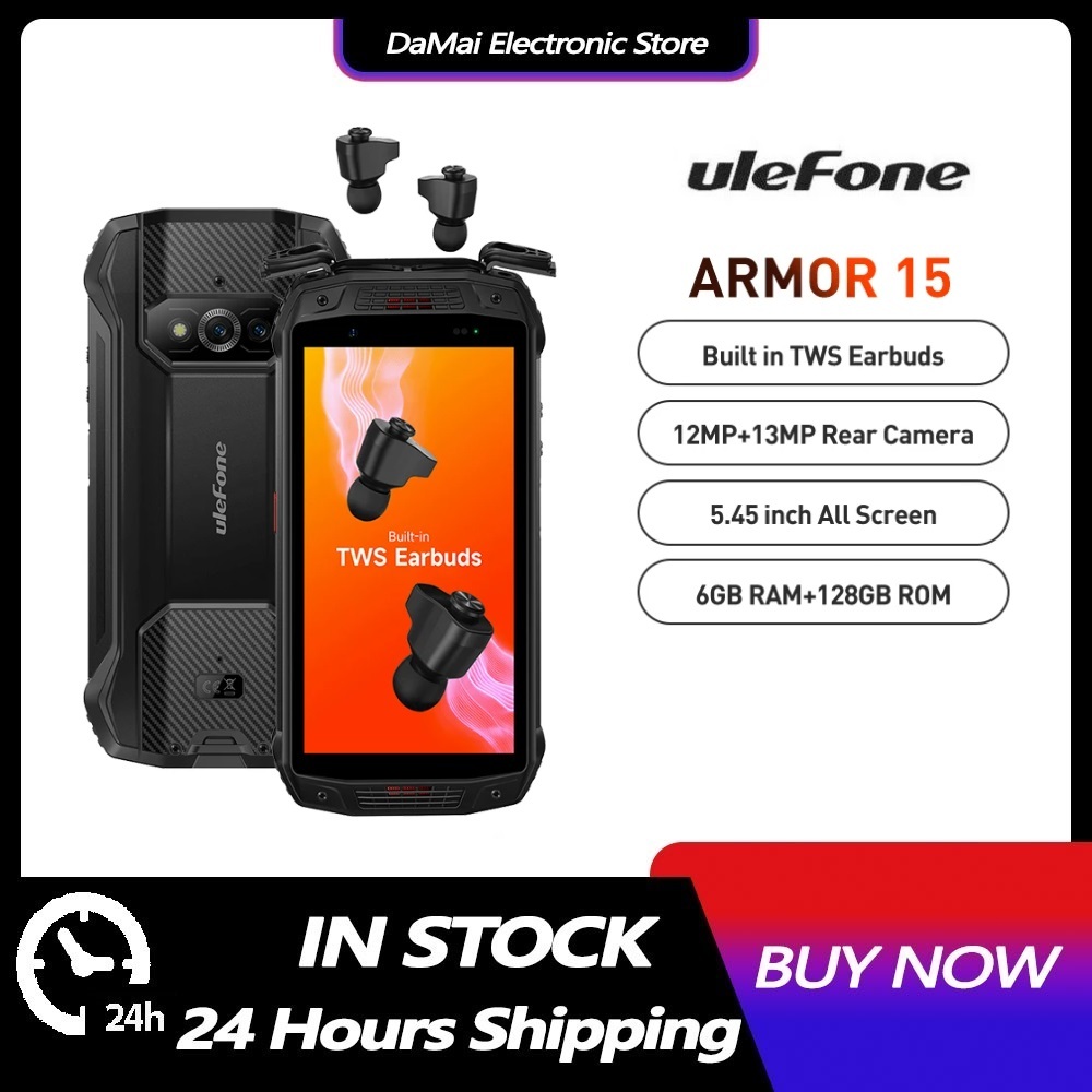 Ulefone Armor 15 โทรศัพท์กันน้ําที่ทนทาน 128GB NFC Android 12 หูฟัง TWS ในตัวสมาร์ทโฟน 6600mAh 2.4G/