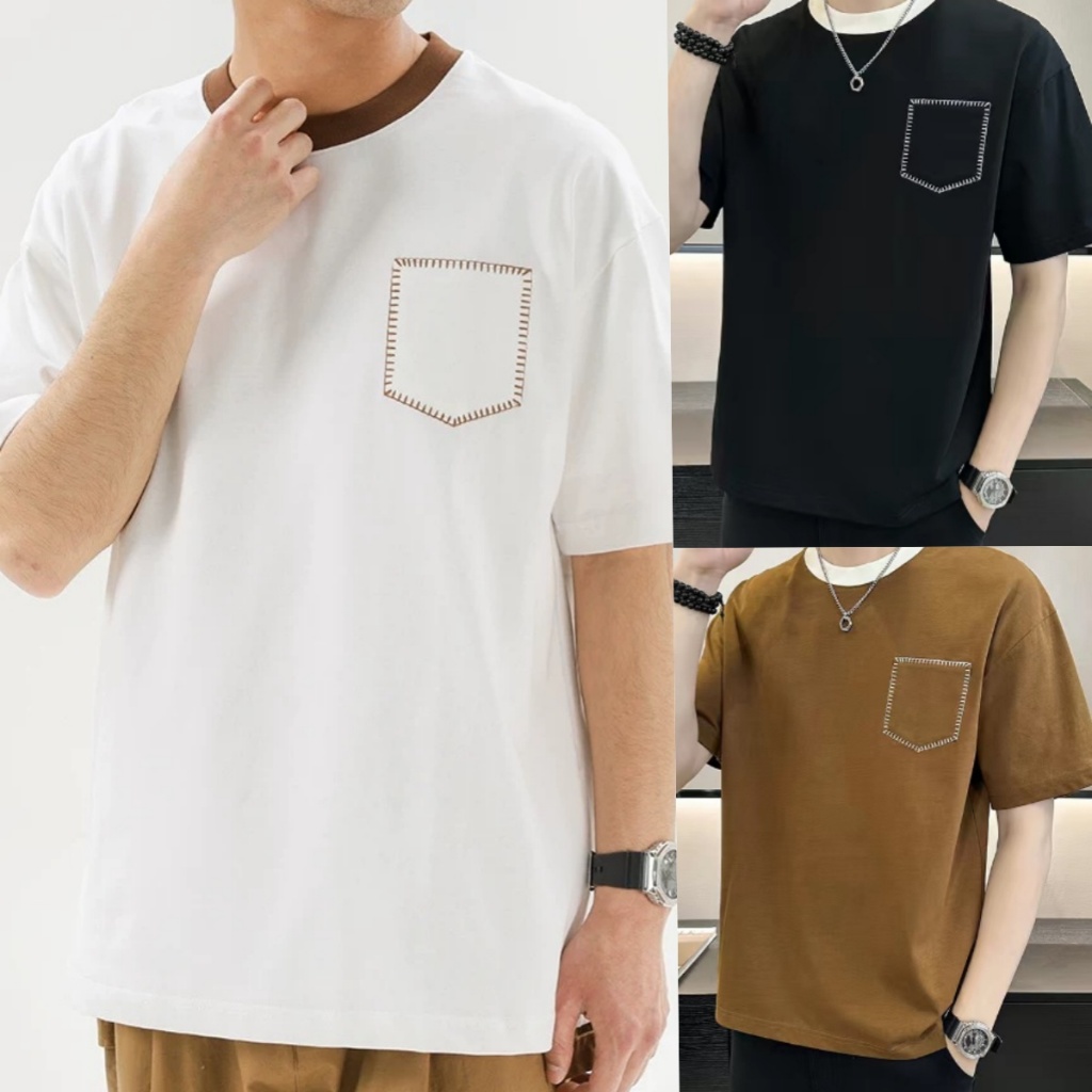 BECoolMan🍃เสื้อยืดผู้ชายยอดนิยม เย็บครึ่งแขนสีตัดกัน การออกแบบระดับไฮเอนด์สำหรับเยาวชน สีล้วน ขยายใหญ่  หลวมแมทช์ลุคง่าย