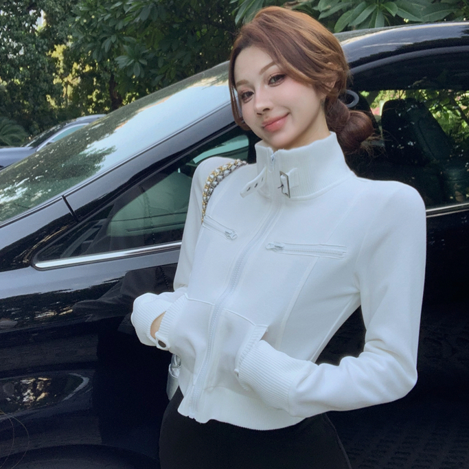เวอร์ชั่นเกาหลีถนนอินเทรนด์เสื้อแจ็คเก็ตสีขาวผู้หญิงบางสั้นคอสูงซิปเสื้อแขนยาว