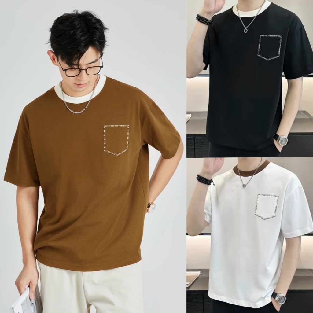 Proman ใหม่สไตล์ Contrast สีปกสีขาวผู้ชายเสื้อยืดรอบคอกระเป๋าเย็บแขนสั้นหลวม Tren