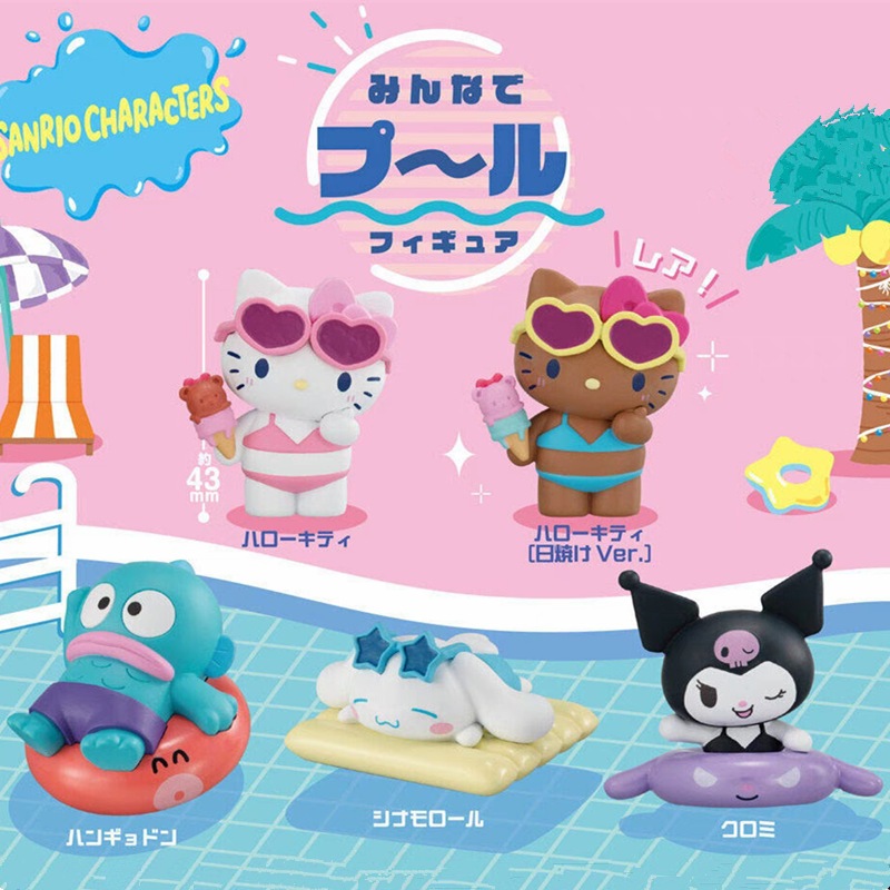 5 ชิ้น/เซ็ตอะนิเมะ Kuromi Hello Kitty Cinnamoroll Hangyodon Pool Party ว่ายน้ําแหวนรุ่น Q PVC Action Figures ตุ๊กตาของเล่น