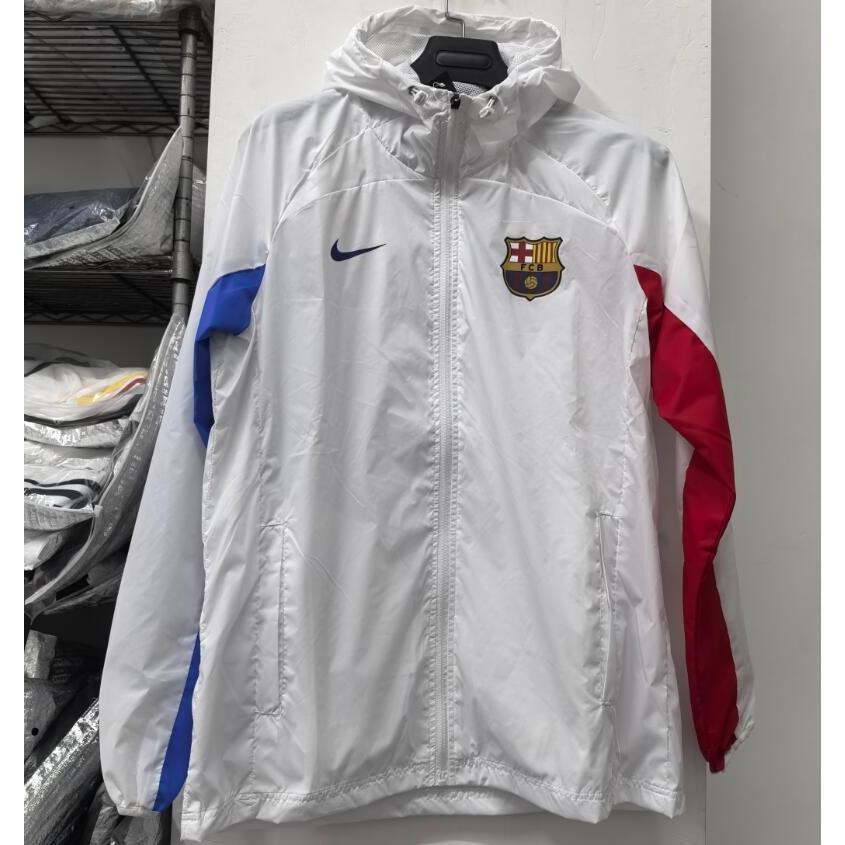 2023-24 Barcelona สีขาวผู้ชาย Hooded Windbreaker เสื้อฟุตบอล Tracksuit Zip Hoodies แขนยาวฟุตบอลการฝึกอบรมสวมใส่