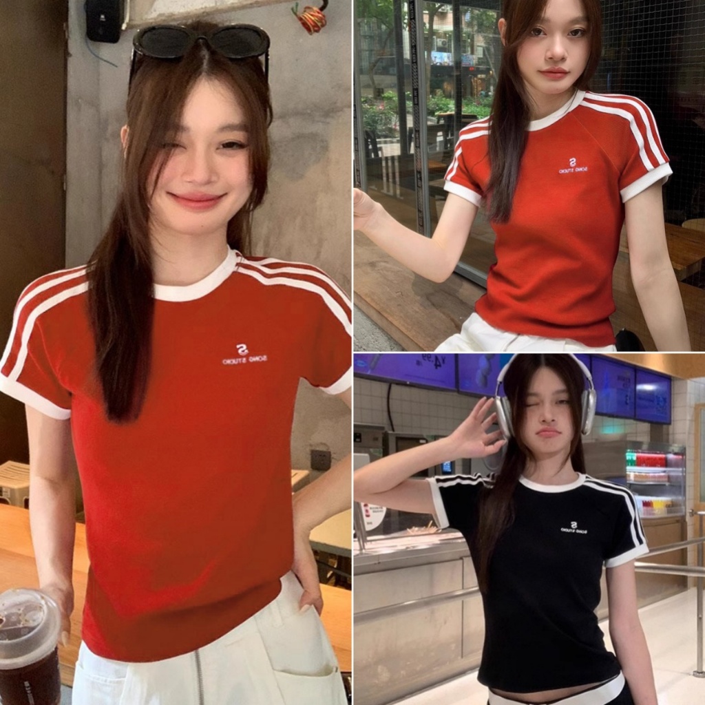 Hotgirl พร้อมส่ง เสื้อยืดแฟชั่นผู้หญิง เสื้อรัดรูป แขนสั้นย้อนยุค การประกบแฟชั่น สไตล์อเมริกัน