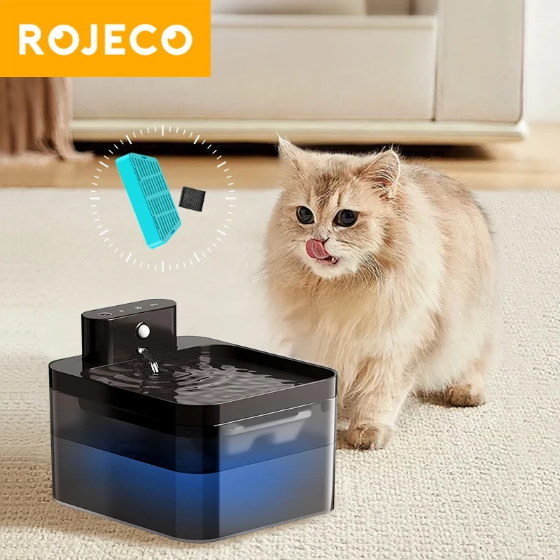 Rojeco ตัวกรองน้ําพุสําหรับสัตว์เลี้ยงไร้สาย 2.2 ลิตร ตัวกรองทดแทนน้ําพุดื่มแบบใช้แบตเตอรี่
