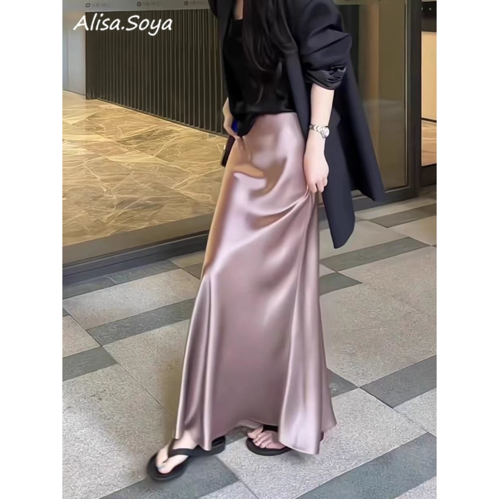 Alisa.sonya กระโปรงทรงเอเอวสูงทรงหางปลาสำหรับผู้หญิง กระโปรงทรงเอทรงเอ กระโปรงยาวสีพื้น