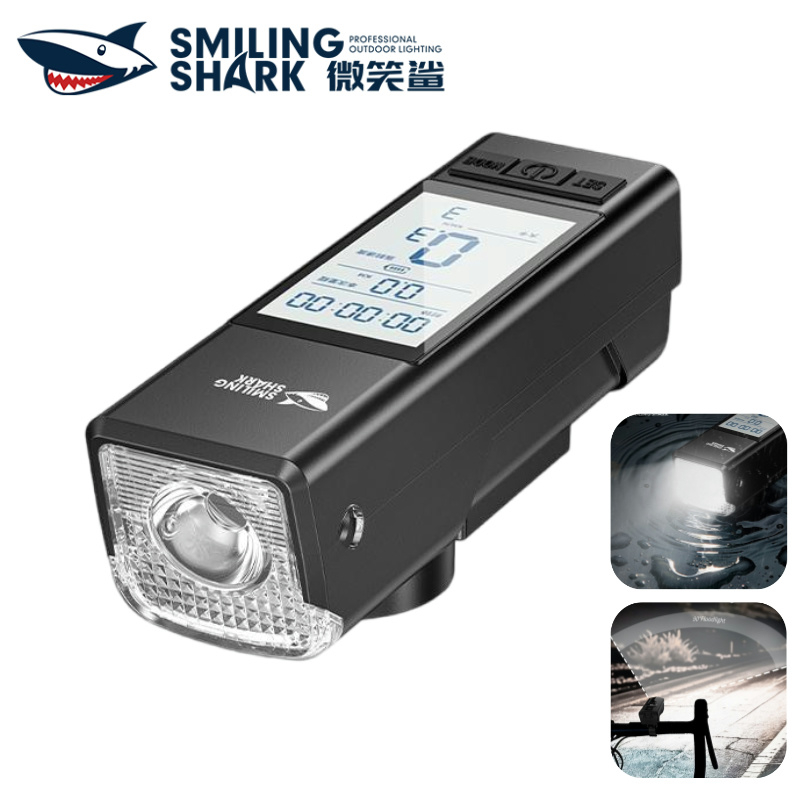 ยิ้ม Shark QXD428 ไฟ LED จักรยาน Super Bright ไฟจักรยานจอแสดงผลมูลค่าตัวเลข 3 โหมด Type-c ชาร์จ Night ขี่ไฟหน้ากันน้ําขี่กลางแจ้ง