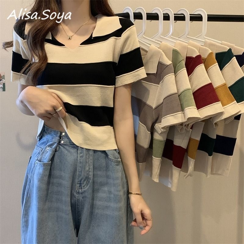 Alisa.sonya เสื้อถักแขนสั้นผู้หญิงเสื้อสวมหัวปกคอวีกว้างลายลําลองจัมเปอร์ด้านบน