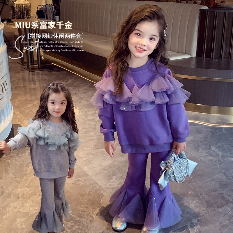 3-14ปีฤดูใบไม้ร่วงฤดูหนาวเวอร์ชั่นเกาหลีเสื้อผ้าเด็กสูทสาวฤดูใบไม้ร่วงเสื้อผ้าชุดเด็กสาวผ้ากอซเย็บเสื้อกันหนาวกางเกงบานสูทสองช
