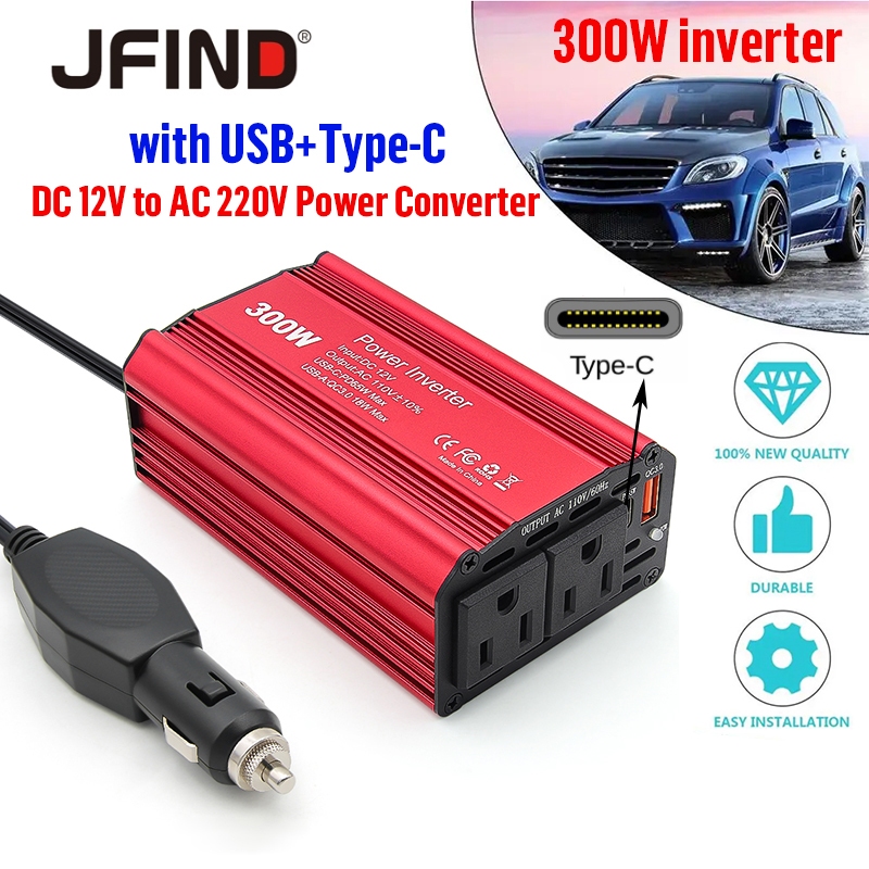 US & Eu Plug300W DC 12V ถึง 220V AC รถอินเวอร์เตอร์ USB Fast Charging QC3.0 Auto Inverter Type-C สําหรับโทรศัพท์มือถือ Power Converter หม้อแปลงไฟฟ้าอัตโนมัติพร้อม USB + ประเภท C อะแดปเตอร์รถ