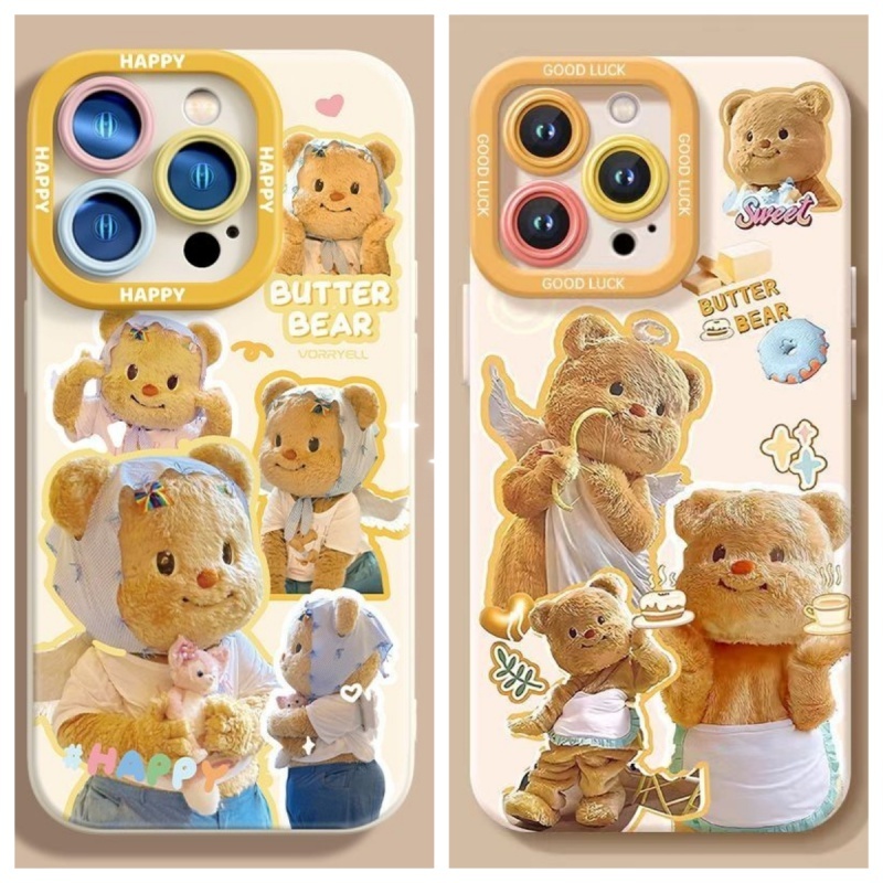 เคสโทรศัพท์ เหมาะสําหรับ iPhone x xs xr xsmax 11 12 13 14 15 Pro max Plus น่ารักเนยหมีป้องกันเลนส์ซิลิโคนนุ่มรวมทุกอย่างกันกระแทกโทรศัพท์มือถือป้องกันกรณีเชลล์ QAGA