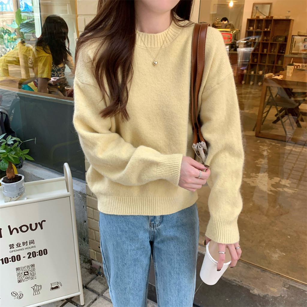 80611 เสื้อสเวตเตอร์ทรงหลวมสีลูกกวาดคอกลมเสื้อถัก