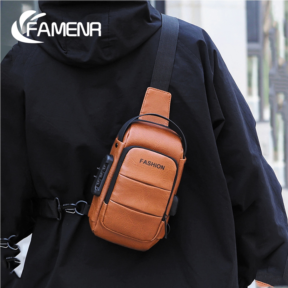 FAMENR【พร้อมส่ง】กระเป๋าคาดหน้าอก กระเป่าเป้ มีล๊อครหัสกันขโมย USB ได้ นำ้หนักเบา