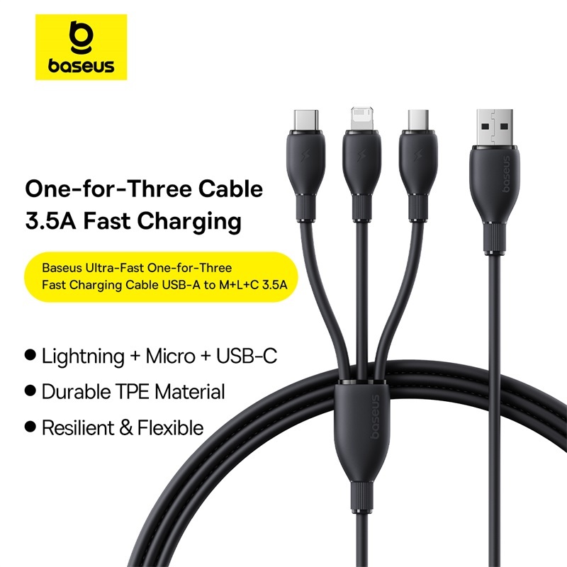 Baseus 3 in 1 Fast Charging Data Cable USB to M+L+C 3.5A Charger Type C Micro USB Cable 1.3m