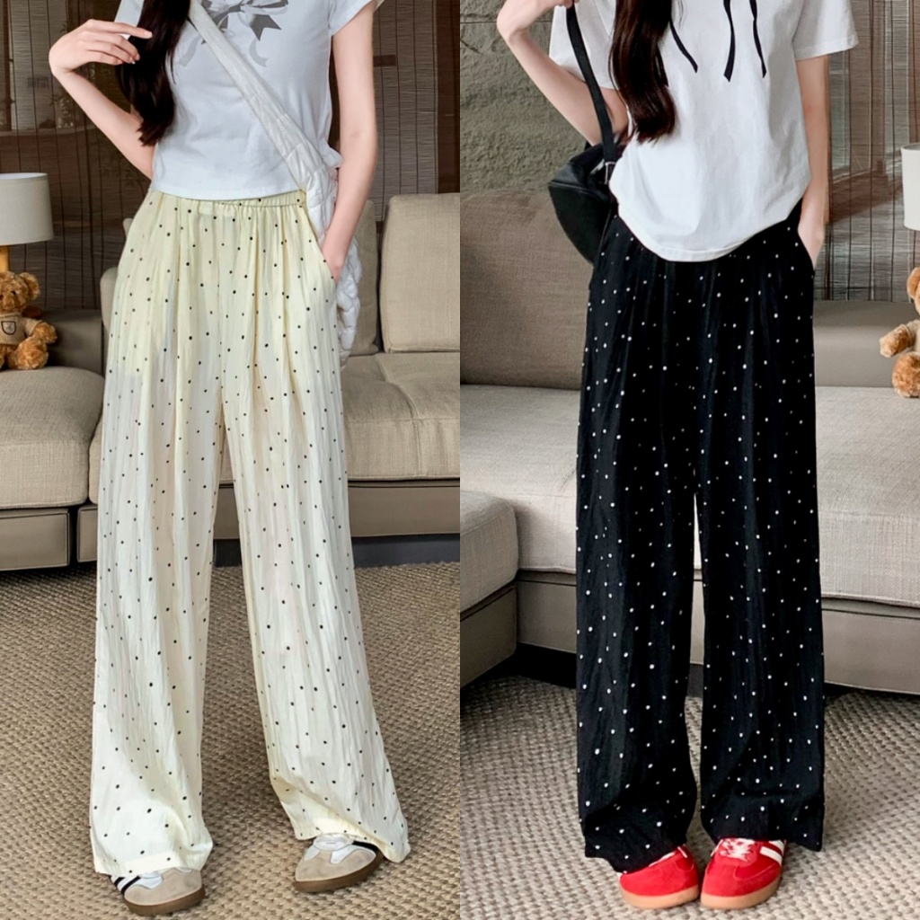 Bella Shop ฤดูร้อนบางเอวสูงกางเกงลำลองตรง กางเกงขายาวลายจุดทรงหลวมตัดกัน