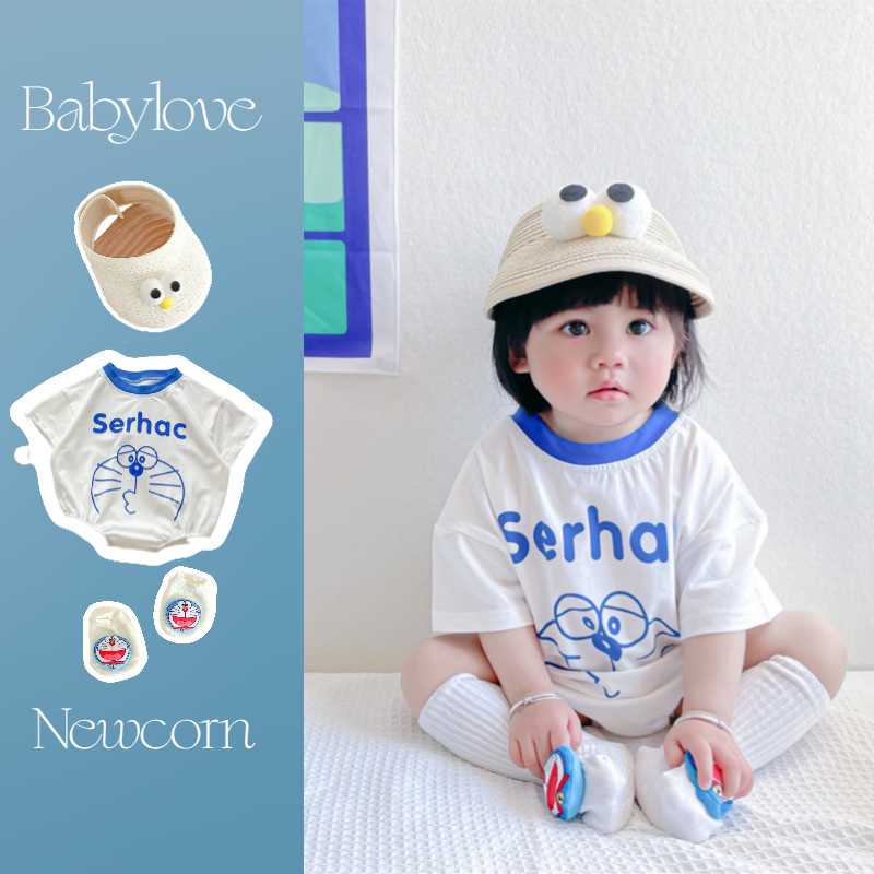 เสื้อผ้าเด็กชุดรอมเปอร์ผ้าฝ้ายสําหรับเด็กผู้ชาย - ชุดจั๊มสูทครึ่งแขนโดราเอมอนหลวมชุดกบแบบนุ่มสําหรับทารกแรกเกิด (0-24 เดือน)