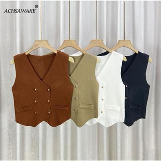 LEDIN Four Color Button Down Knit V-neck Sleeveless Top With False Side Pocket Vest