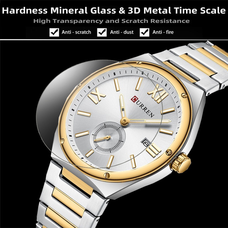 Curren Mens Quartz นาฬิกากันน้ําพร้อมปฏิทินสายเหล็กหรูหรา Luminous Analog Display Time
